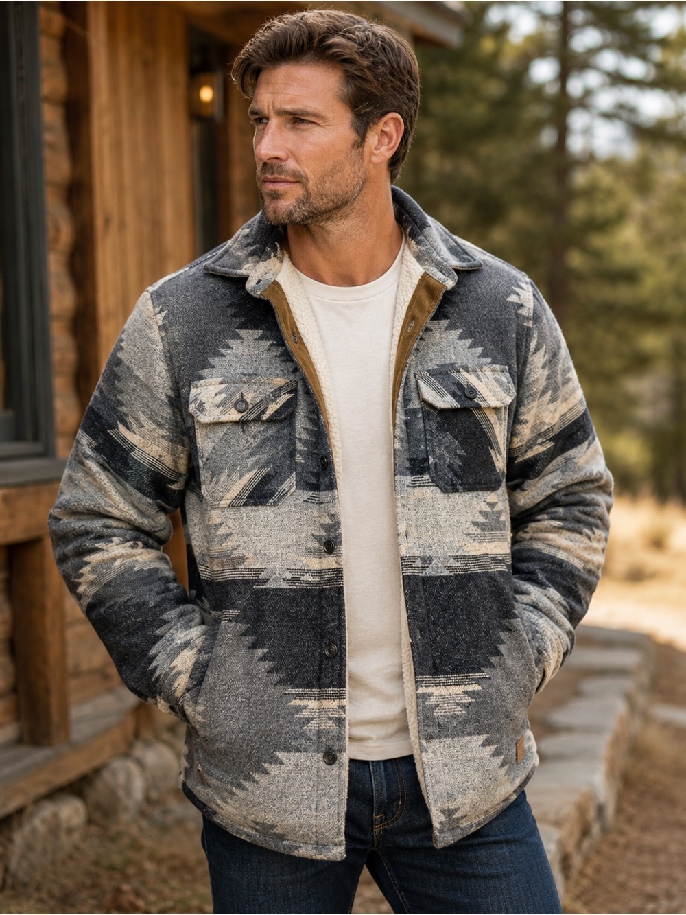 NWOT JACHS Men’s L Wool Aztec Sherpa Lined Outdoor Shacket Jacket